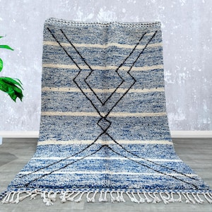 Moroccan rug blue 5.2 FT x 8.2 FT- Berber rug - - Beni ourain rug 5x8 - Handmade rug - Plain Wool rug - blue rug - Indigo blue rug