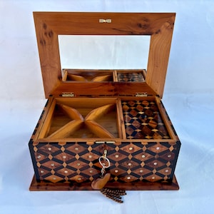 12"×8" Wooden Jewelry Box with Mirror, Moroccan jewelry Box, Handmade Jewelry Box, wedding wood memory box, thuya wooden burl Jewelry Box