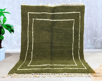 Olive Green Beni Ourain Rug – Geometric Berber Wool Rug, Handmade Moroccan Carpet