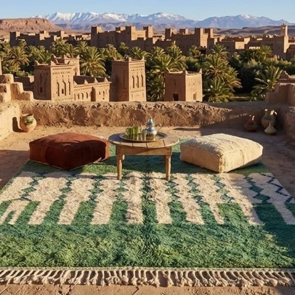 Tapete beni ourain, tapete marroquino autêntico, tapete verde marroquino, tapete de lã genuína, tapete feito à mão, estilo beni ourain, tapete de área, tapis berbere