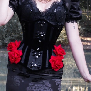Black satin & velvet underbust corset decorated with black rhinestones and red roses