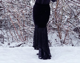 Long mermaid skirt in black stretch velvet and floral lace