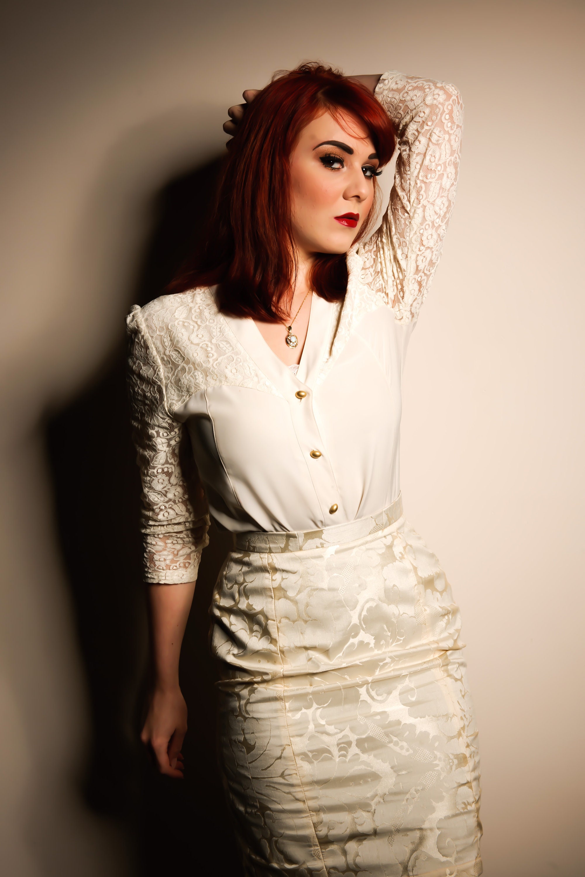 スカート VERNICE SKIRT Unique Tailored Pencil Skirt in Cream White Baroque Damask