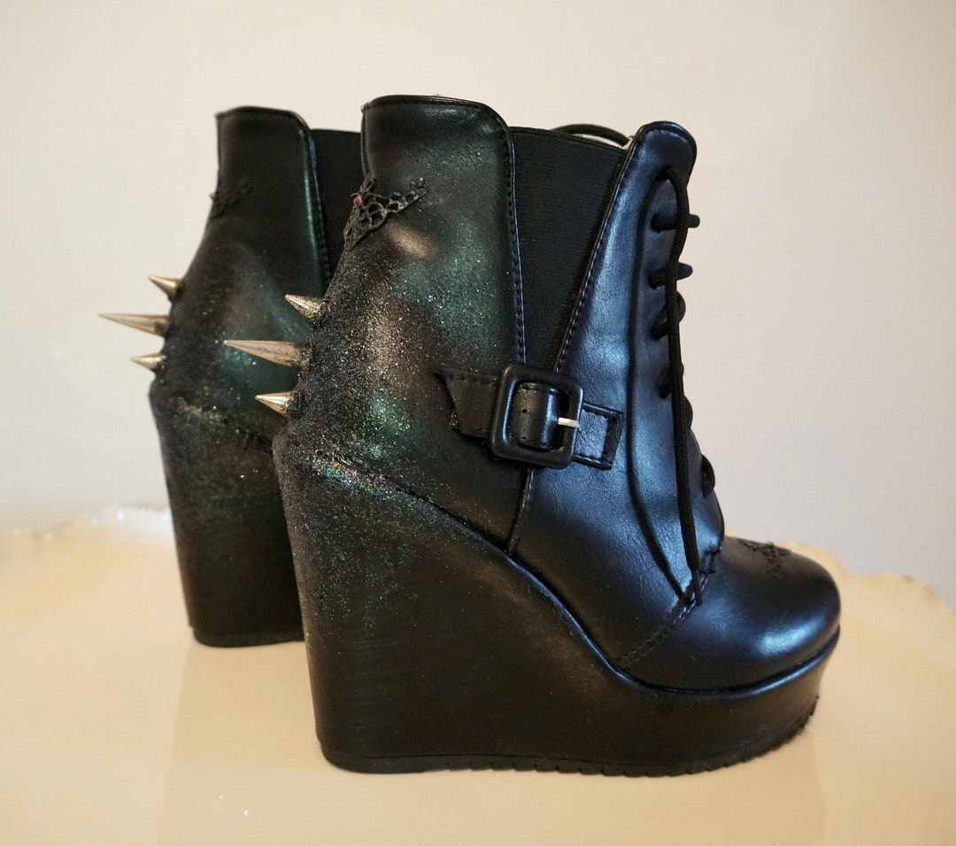 Black Platform Wedge Ankle Boots With Spikes and Blue Teal Green Silver