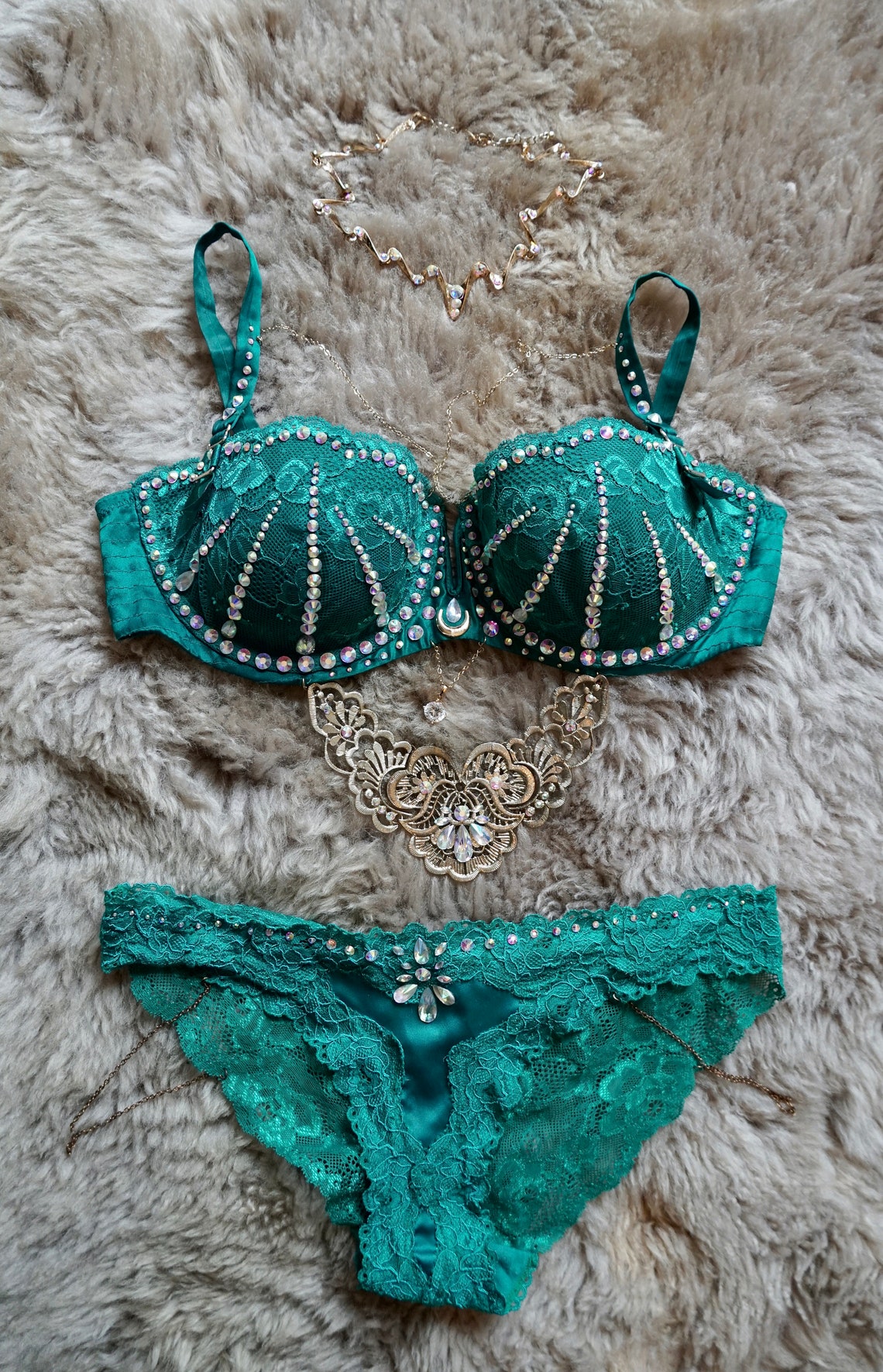 Green & gold bra and panties unique handmade lingerie set Etsy