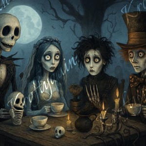 Op Tim Burton geïnspireerde download van digitale kunst op gothic tea party