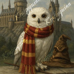 May include: A white owl wearing a red and gold scarf, perched on a stone wall. A brown Sorting Hat and a wand are nearby. The background features a castle with multiple towers and a cloudy sky.