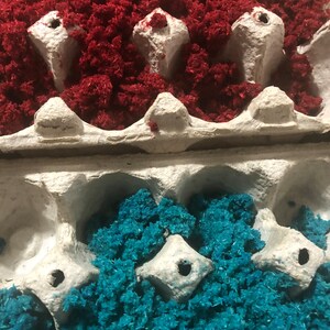 May include: A close-up of an egg carton filled with red and blue shredded paper. The paper is a vibrant colour and fills the entire carton.