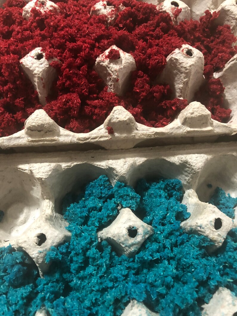 May include: A close-up of an egg carton filled with red and blue shredded paper. The paper is a vibrant colour and fills the entire carton.