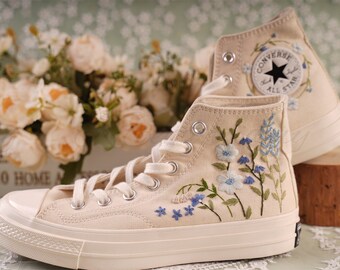 Custom Converse Embroidered Shoes,1970s Converse Chuck Taylor,Converse Custom Small Flower blue flowers embroidery wedding shoes