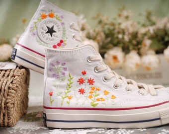 Custom Converse Embroidered Shoes,1970s Converse Chuck Taylor,Converse Custom Small Flower rose embroidery wedding shoes