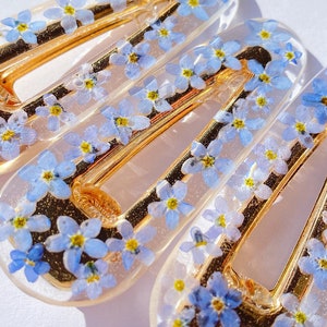Barrettes à cheveux en résine faites main | Barrettes en résine | Barrettes pour cheveux myosotis | Barrettes à fleurs