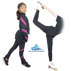 May include: Two people wearing black figure skating pants and tops. One person is wearing a pink and black striped top and the other is wearing a black t-shirt. Both are wearing black figure skating pants with pink stripes. The text "SKATING SPIRIT" is visible in the image.