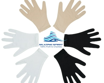 May include: Four pairs of fingerless gloves in black, white, and beige. The gloves are made of a thin, stretchy fabric. The gloves are arranged in a circle around a logo that says "SKATING SPIRIT 100% Profit to Charities".