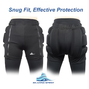 May include: Black padded shorts with a snug fit and zipped side panels. The shorts have a logo on the right leg that says "SKATING SPIRIT".