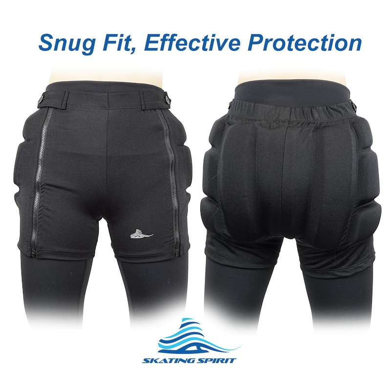 May include: Black padded shorts with a snug fit and zipped side panels. The shorts have a logo on the right leg that says "SKATING SPIRIT".