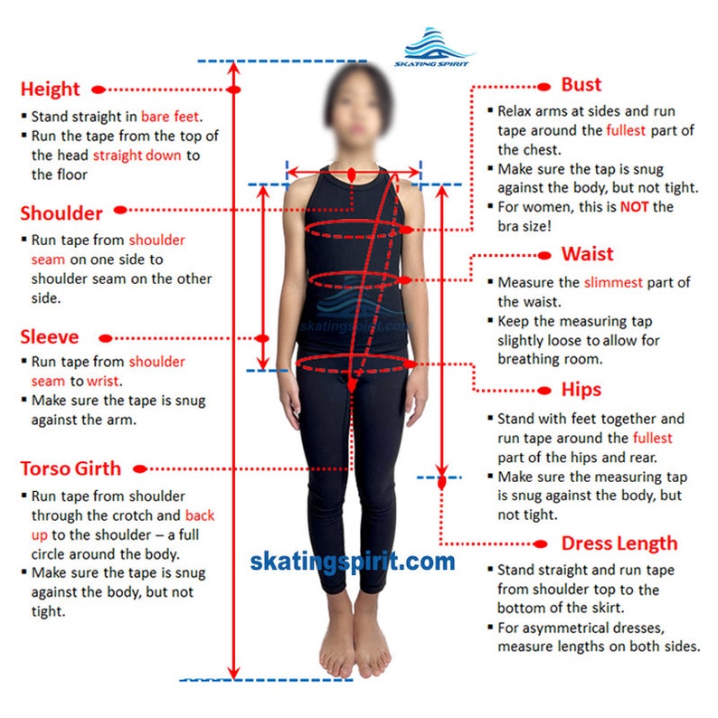 May include: Diagram showing how to measure different parts of the body for dressmaking, including height, shoulder, sleeve, torso girth, bust, waist, hips, and dress length. The diagram features a person standing with red lines indicating where to measure.