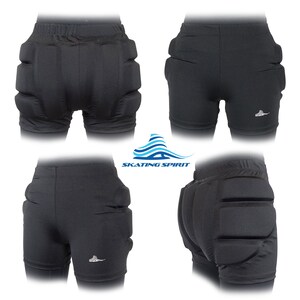 May include: Black padded shorts with a logo that says "SKATING SPIRIT" on the front. The shorts have thick padding on the hips and tailbone for protection.