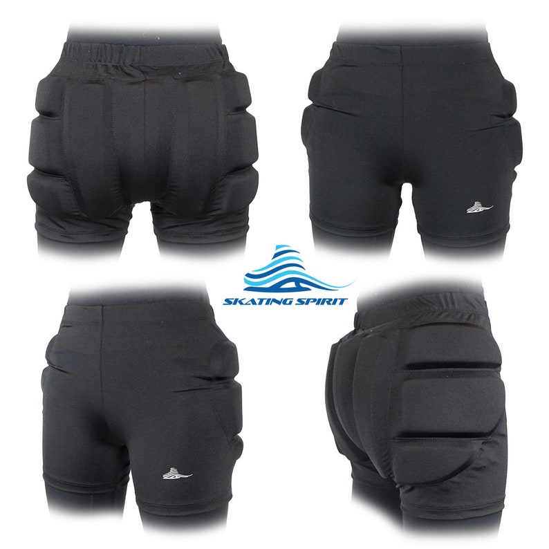 May include: Black padded shorts with a logo that says "SKATING SPIRIT" on the front. The shorts have thick padding on the hips and tailbone for protection.