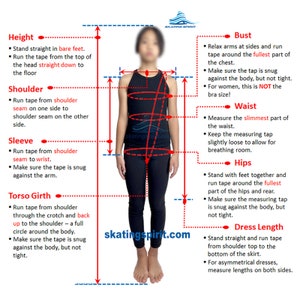 Peut inclure: Un guide de mesure illustr&eacute; montrant une personne en tenue de sport noire. Les textes incluent Height, Shoulder, Sleeve, Torso Girth, Bust, Waist, Hips, Dress Length et des instructions. Le logo Skating Spirit et l'URL skatingspirit.com sont visibles.