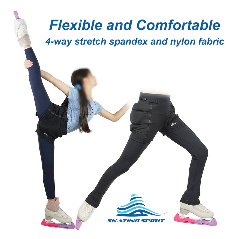 May include: Two women wearing black skating trousers with built-in padding. The trousers are made of a 4-way stretch spandex and nylon fabric. The women are wearing black figure skates with pink and purple bases. The text "Flexible and Comfortable" and "4-way stretch spandex and nylon fabric" is displayed above the women. The text "SKATING SPIRIT" is displayed below the women.