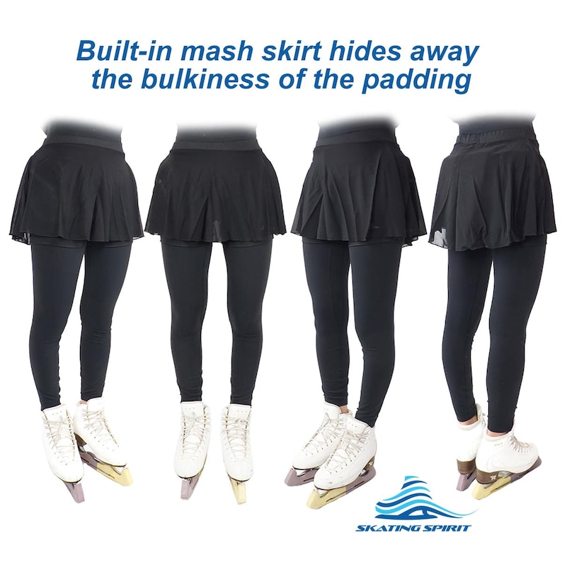 May include: Four women wearing black leggings and a black mesh skirt over the leggings. The skirt is built into the leggings and can be pulled up or down. The women are wearing white figure skates.