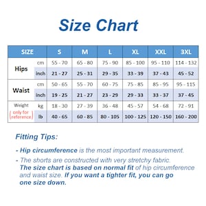 May include: Size chart for shorts with measurements in inches and centimetres, as well as pounds and kilograms. The chart includes sizes S through 3XL. The chart also includes fitting tips for the shorts.