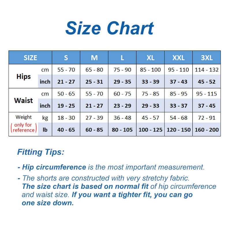 May include: Size chart for shorts with measurements in inches and centimetres, as well as pounds and kilograms. The chart includes sizes S through 3XL. The chart also includes fitting tips for the shorts.
