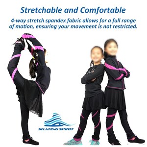 May include: Two girls wearing black and pink skating outfits with a pink stripe down the side of the pants. The text "Stretchable and Comfortable" is at the top of the image. The text "4-way stretch spandex fabric allows for a full range of motion, ensuring your movement is not restricted." is below the first line of text. The text "SKATING SPIRIT" is at the bottom of the image.