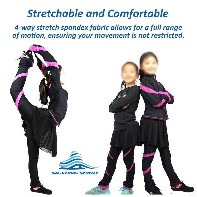 May include: Two girls wearing black and pink skating outfits with a pink stripe down the side of the pants. The text "Stretchable and Comfortable" is at the top of the image. The text "4-way stretch spandex fabric allows for a full range of motion, ensuring your movement is not restricted." is below the first line of text. The text "SKATING SPIRIT" is at the bottom of the image.