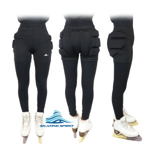 May include: Black padded shorts with built-in hip pads for figure skating. The shorts are worn over black leggings and the model is wearing white figure skates.
