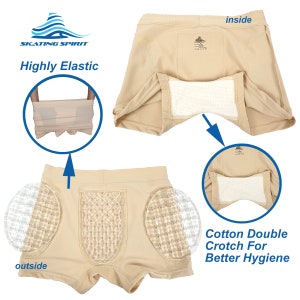 Puede incluir: Ropa interior beige con un doble entrepierna de algod&oacute;n para la higiene. La ropa interior tiene un panel de malla en el interior y una almohadilla de gel transparente en el exterior. El texto "Highly Elastic" es visible en la imagen.
