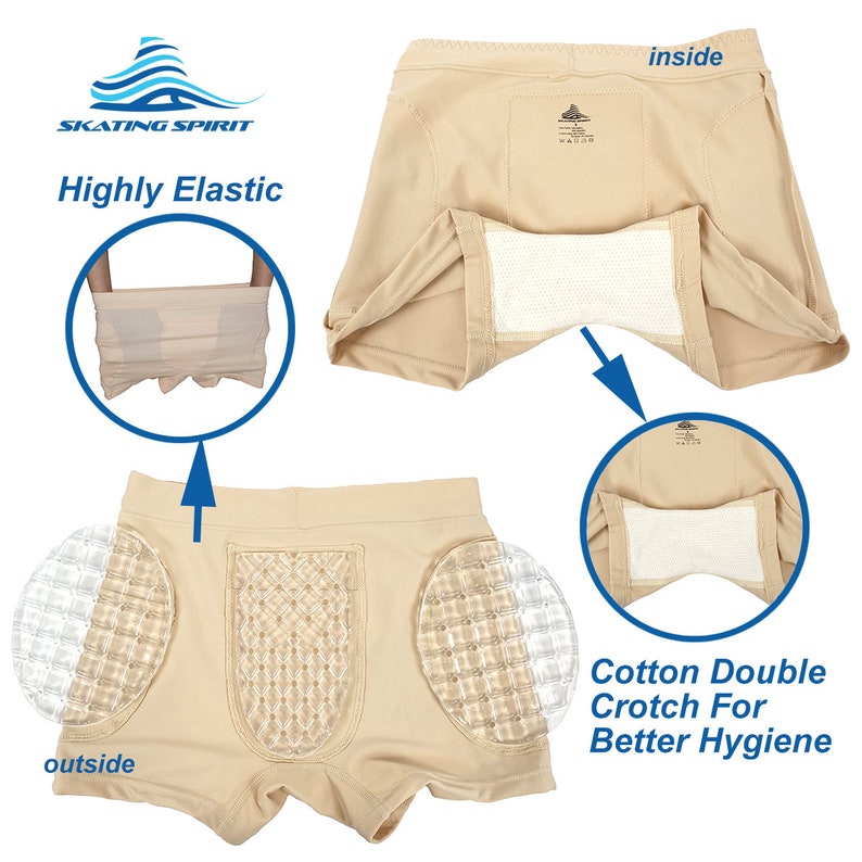 Puede incluir: Ropa interior beige con un doble entrepierna de algod&oacute;n para la higiene. La ropa interior tiene un panel de malla en el interior y una almohadilla de gel transparente en el exterior. El texto "Highly Elastic" es visible en la imagen.