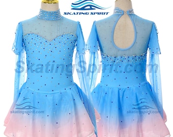 May include: A light blue and pink ombre ice skating dress featuring long sheer sleeves, a high neckline with crystal embellishments, and a keyhole back. The bodice is adorned with scattered blue and clear rhinestones. Skating Spirit logo.