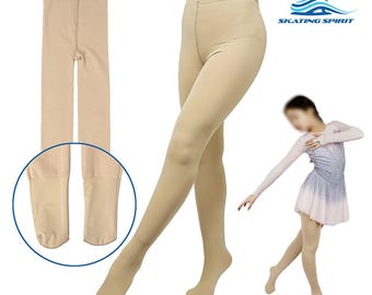May include: Tan-colored figure skating tights. The tights are shown in two different views, one flat and one on a person. The tights are opaque and have a high waist. A skater in a skating dress is also shown.