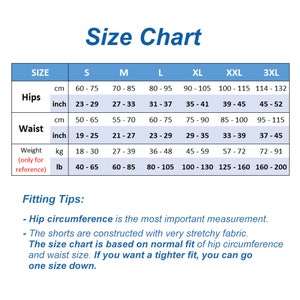May include: Size chart for shorts with measurements in inches and centimeters for hips, waist, and weight in kilograms and pounds. The chart includes sizes S through 3XL. The text states that the size chart is based on a normal fit and that if a tighter fit is desired, one size down can be selected.