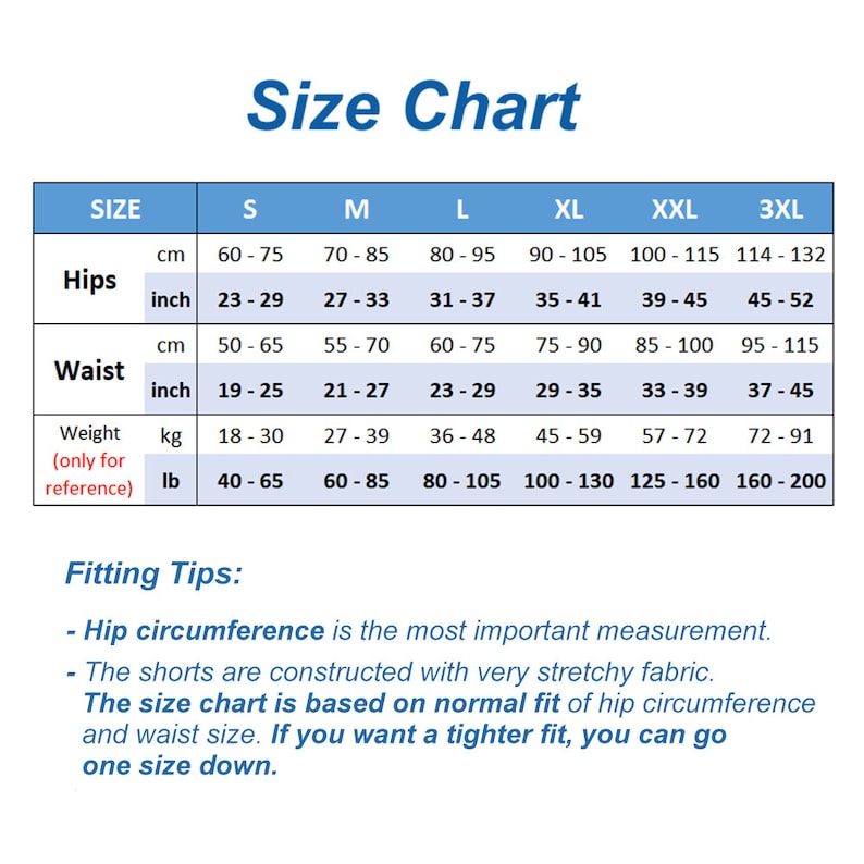 May include: Size chart for shorts with measurements in inches and centimeters for hips, waist, and weight in kilograms and pounds. The chart includes sizes S through 3XL. The text states that the size chart is based on a normal fit and that if a tighter fit is desired, one size down can be selected.