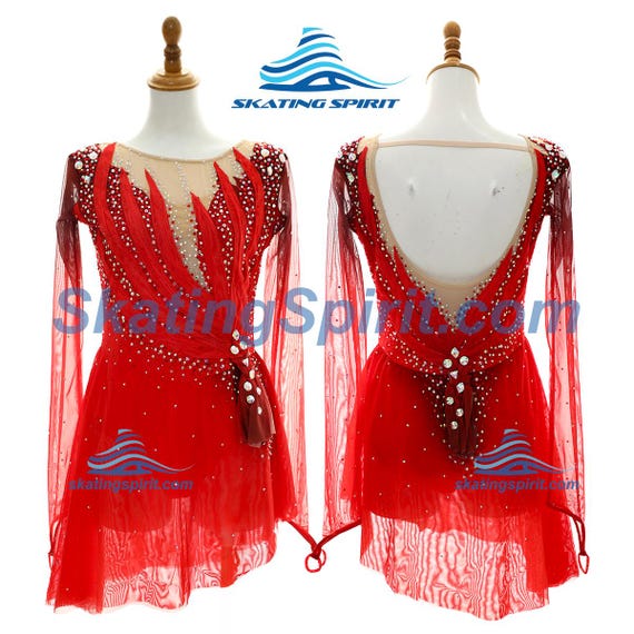 Vibrant Red Figure Skating Dress | Ruched Flame Tango Ice Dance Costume | Asymmetrical Skirt Competition Skate Wear (SD164)