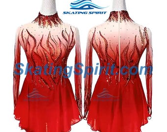 May include: A long-sleeved ice skating dress featuring a red and white ombre gradient. The bodice is adorned with intricate red sequin flame patterns and scattered crystals. The skirt is made of sheer red fabric, and the text Skating Spirit is visible.