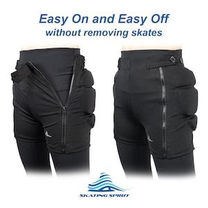 May include: Black padded shorts with a zip down the side. The shorts have a button and a waistband. The text "Easy On and Easy Off without removing skates" is at the top of the image. The text "SKATING SPIRIT" is at the bottom of the image.