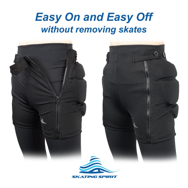 May include: Black padded shorts with a zip down the side. The shorts have a button and a waistband. The text "Easy On and Easy Off without removing skates" is at the top of the image. The text "SKATING SPIRIT" is at the bottom of the image.