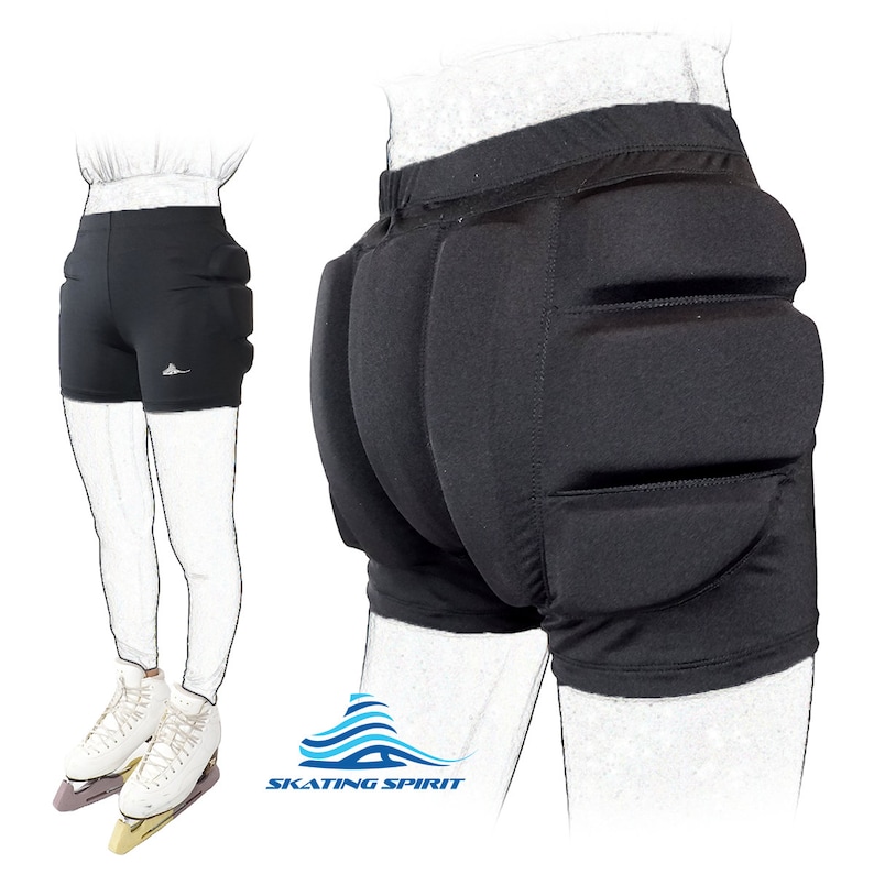 May include: Black padded shorts with a high waist and thick padding on the hips. The shorts are designed for figure skating and provide protection from falls.