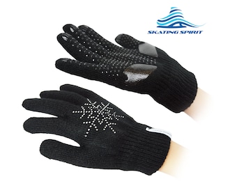 Gel Padded Anti-Slip Skating Gripper Gloves with Rhinestone Snowflakes, Stretchy Warm Kids Adults Sparkles