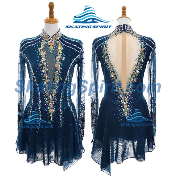 Peacock Blue Gold Figure Skating Dress | Scheherazade Ice Dance Costume | Regal Empress Competition Skate Wear (SD438)