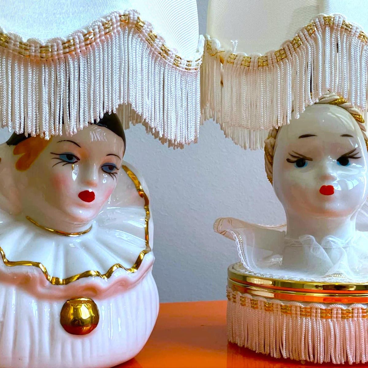 Vintage 1970's Italian Porcelain Pierrot Lamps With Fabric Lampshade 70's Sad Pierrot Bedsides Lamps Jewelry Box Mid Century Modern - Etsy