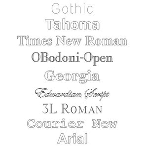 May include: A list of different font names, including Gothic, Tahoma, Times New Roman, Bodoni Open, Georgia, Edwardian Script, 3L Roman, Courier New, and Arial.