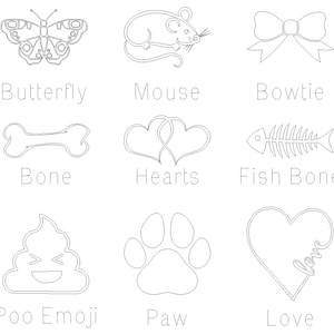 May include: A set of nine black and white line drawings of various images, including a butterfly, mouse, bowtie, bone, hearts, fish bone, poo emoji, paw print, and a heart with the word "love" inside.
