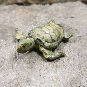 Pode incluir: Uma pequena figura de tartaruga verde e marrom com uma casca e cabeça detalhadas. A tartaruga está deitada de bruços com as pernas esticadas.