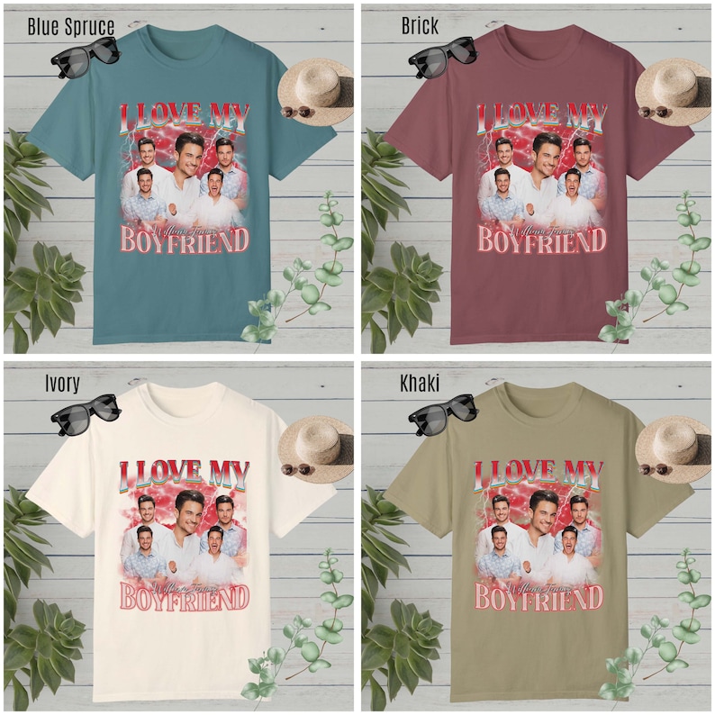 May include: Four t-shirts in different colors with a graphic print of a group of men with the text "I Love My Boyfriend" and "With All My Heart" printed on the front.