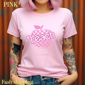 Pink Checkered Teacher Shirts, Trendy Teacher T Shirt, Retro Back to school, Teacher Appreciation, Apple Checkered Teacher Tee, T738